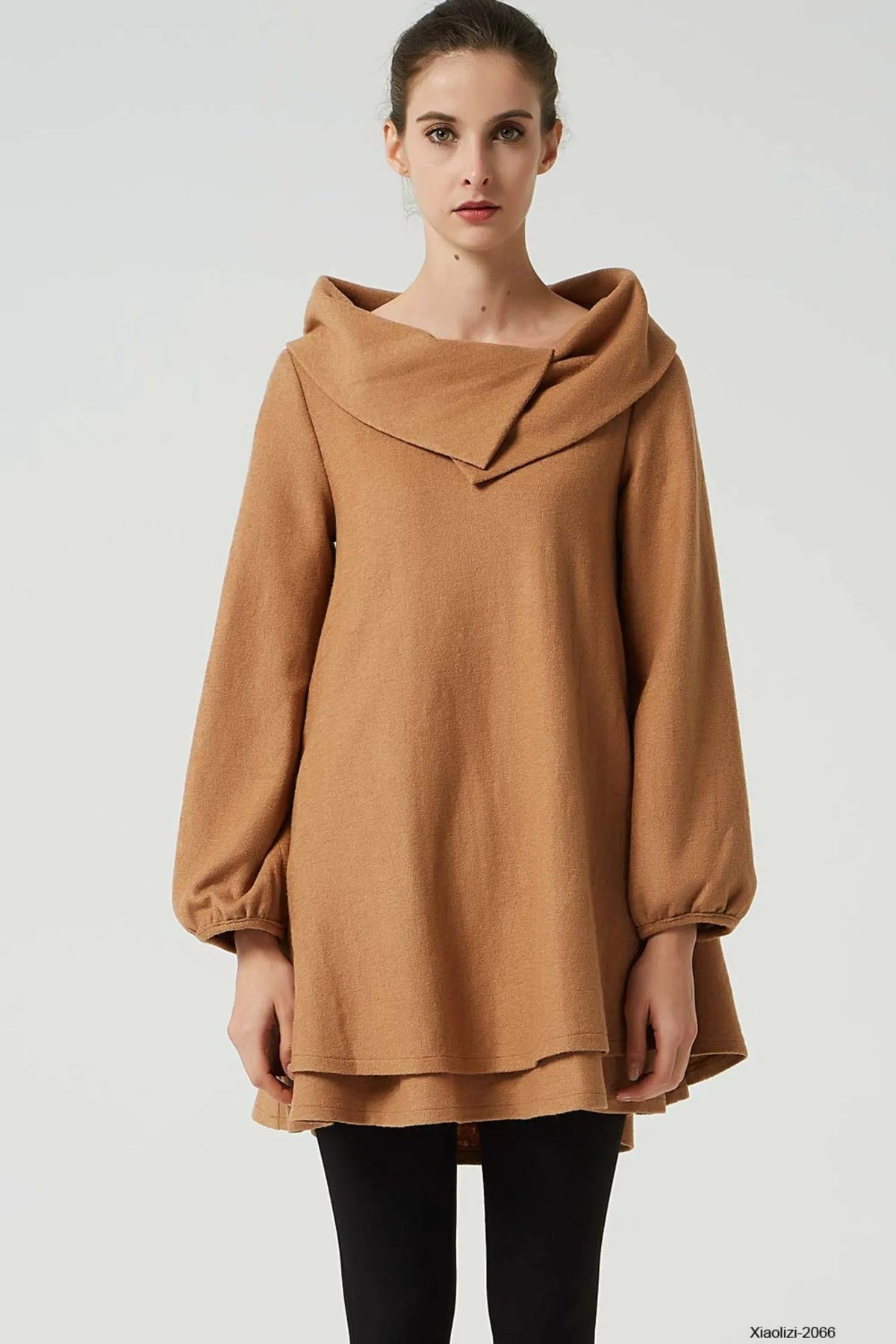 Camel Wool Tunic Dress - Oversized Silhouette with Asymmetrical Collar 2066