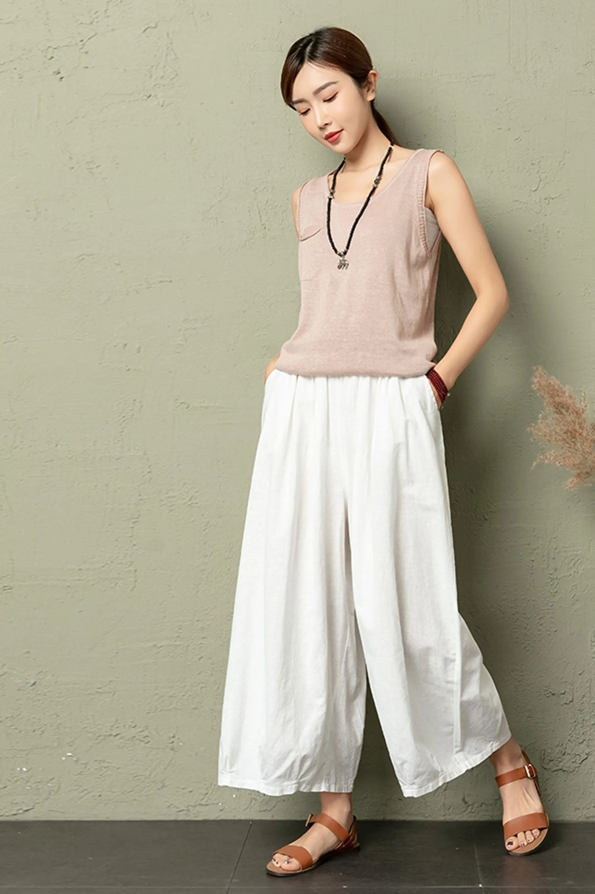 Linen Wide Leg Pants Women - High Waist Elastic 