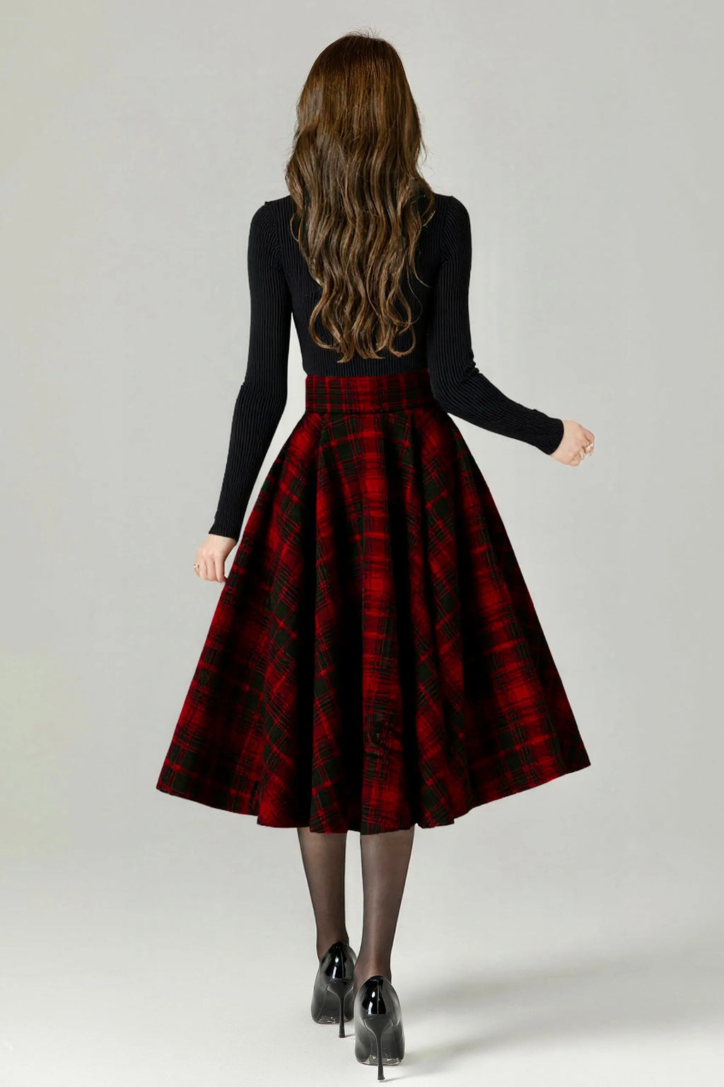 Vintage Plaid Wool Skirt – Handmade Winter Circle Skirt with Pockets 