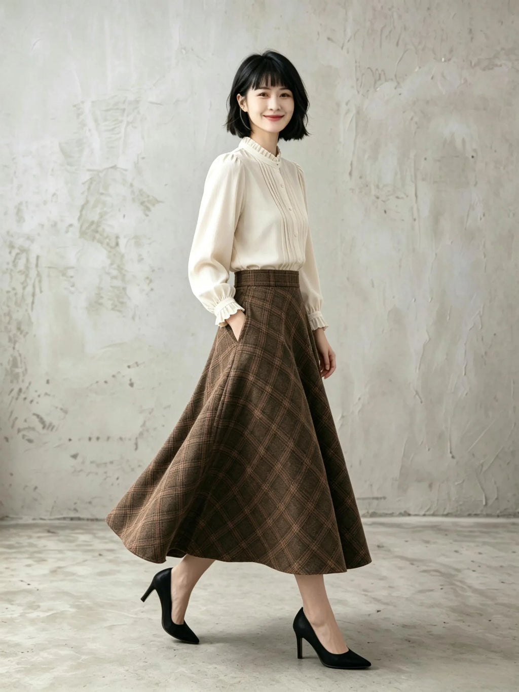 Brown Plaid Wool Blend A-Line Skirt - Vintage Ankle Length 6924