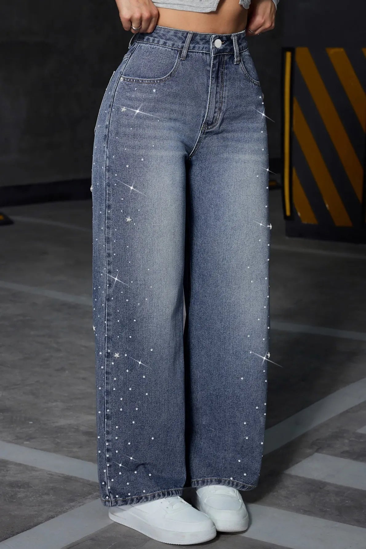 Rhinestone Washed Blue Jeans