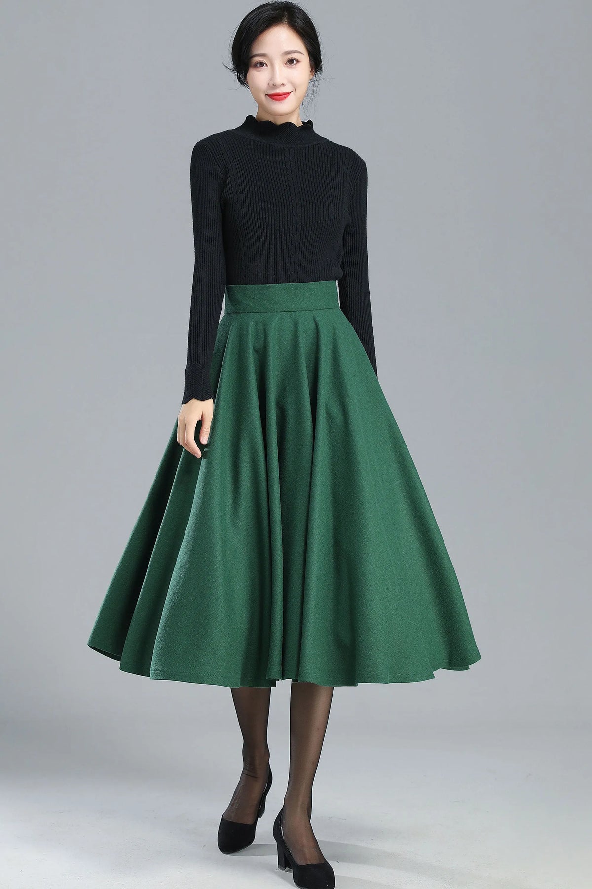 Green Wool Full Circle Skirt - Pleated High Waist Winter Essential 3248