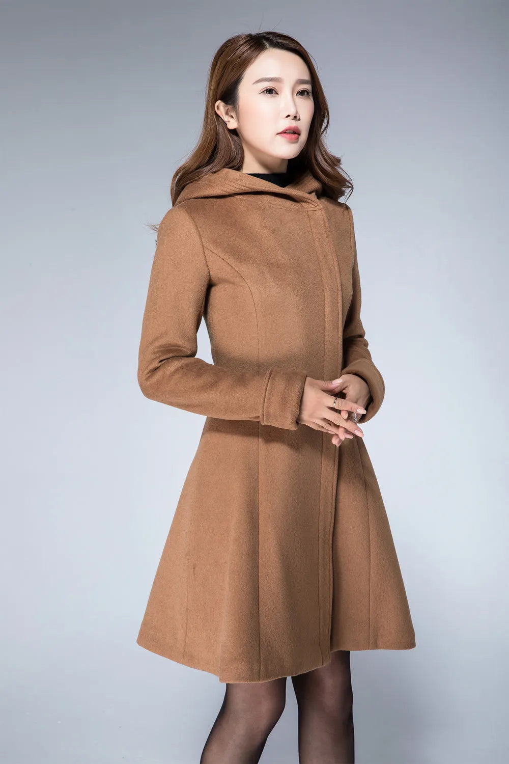 Camel Wool Blend Hooded Coat – Handmade Short Winter Jacket 1864