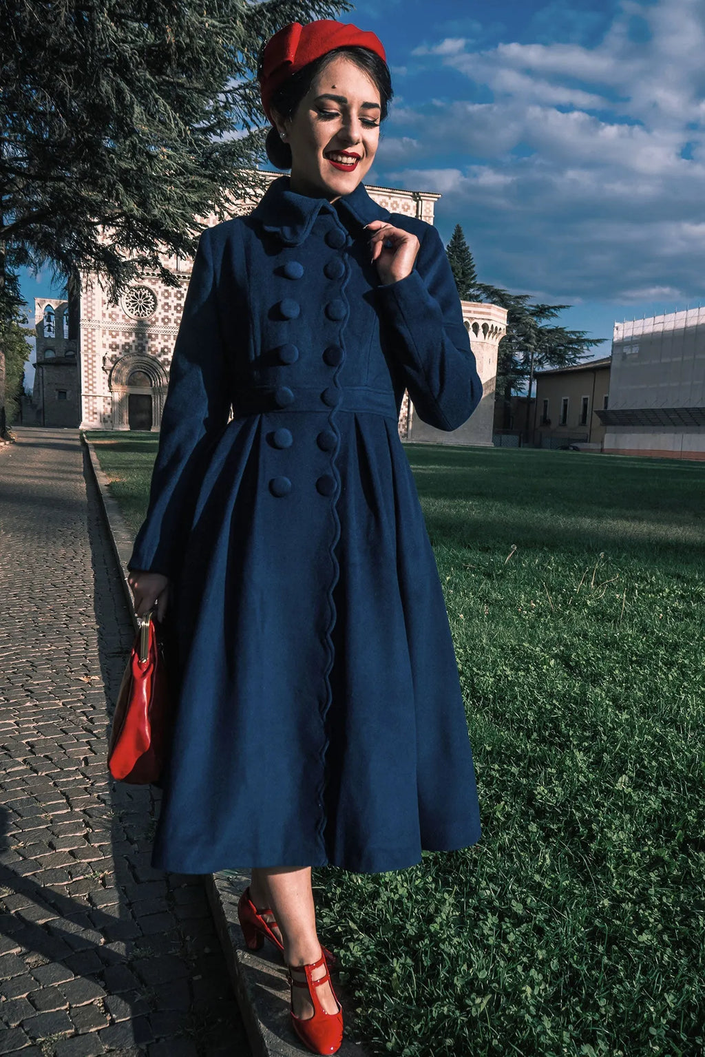 Handmade Navy Wool Coat – Vintage Fit & Flare Winter Princess Overcoat 3187