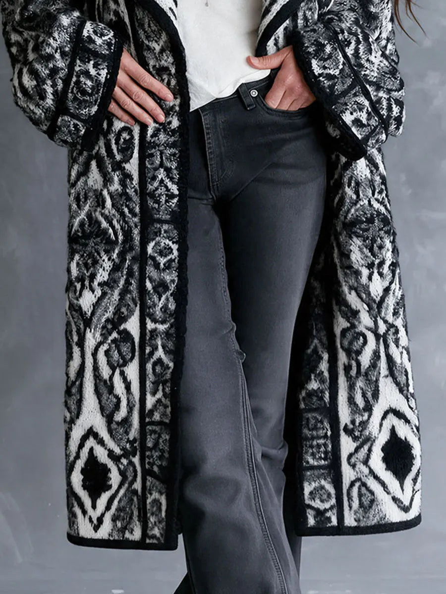 Vintage Black White Nomadic Tribal Knit Maxi Coat With Wide Shawl Collar
