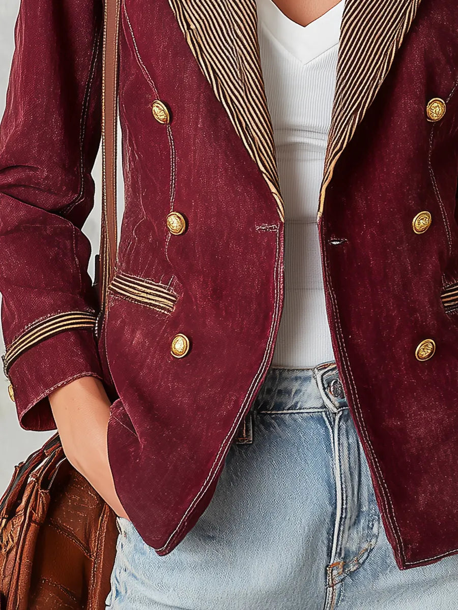 Burgundy Double and Striped Lapels Breasted Blazer