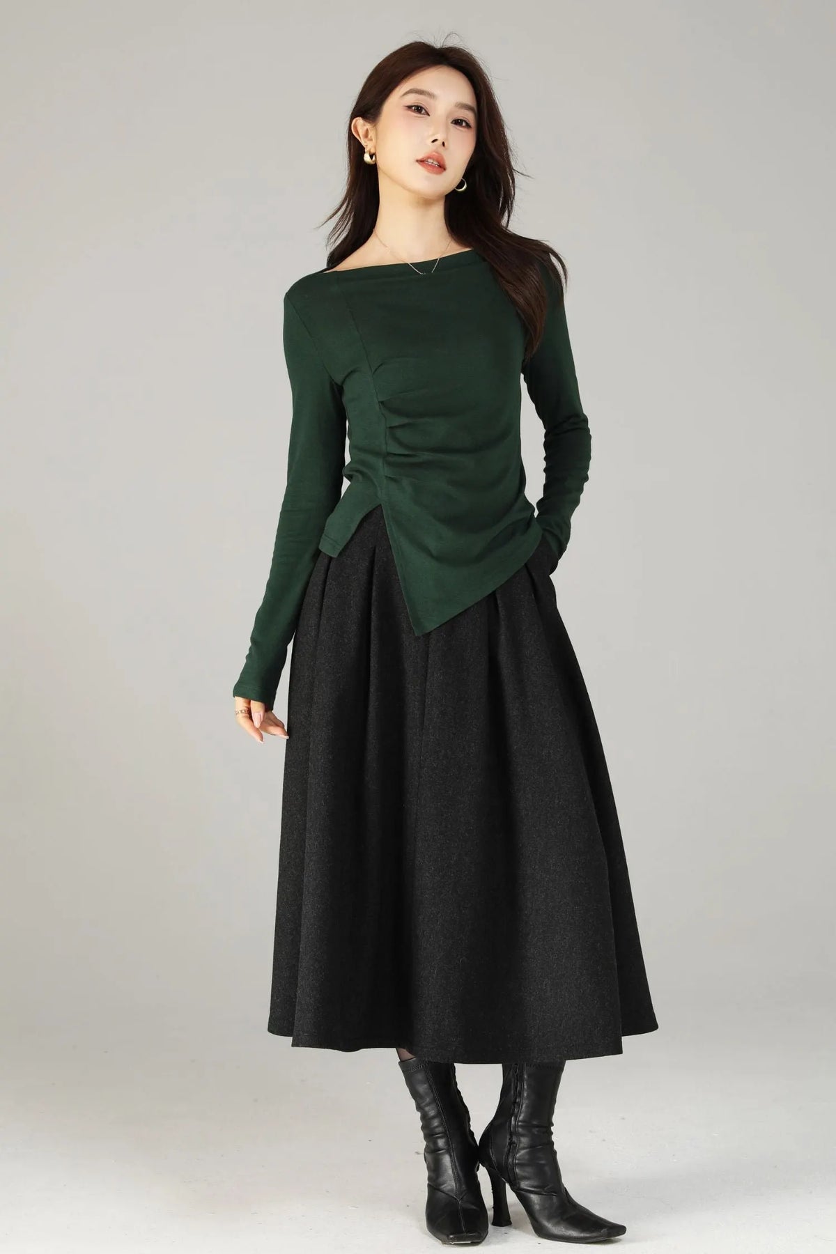 Green Cotton Knit Top - Asymmetrical Autumn Style 6504