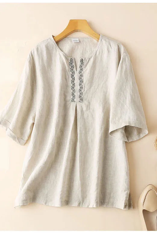 White Linen Tunic Top - Loose Fit Half Sleeve with Embroidered Detail J044