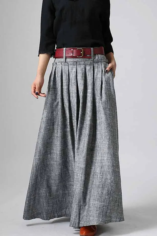 Handmade Gray Linen Maxi Skirt – High Waist Pleated with Pockets 0911