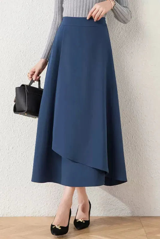Brown Cotton Blend A-Line Long Skirt - Asymmetrical and High Waist 40