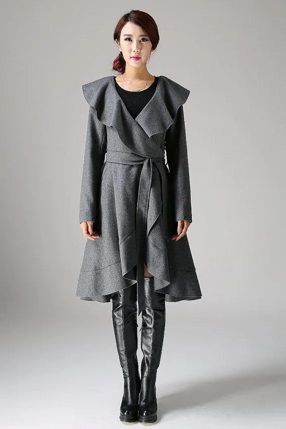 Wool Blend Ruffled Coat – Vintage Belted Lantern Sleeve Winter Jacket 1075