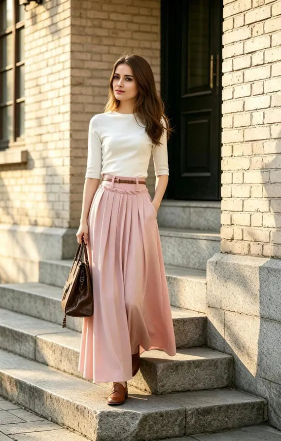 Blue Cotton Linen Maxi Skirt - High Waist Pleated Swing with Pockets 2847