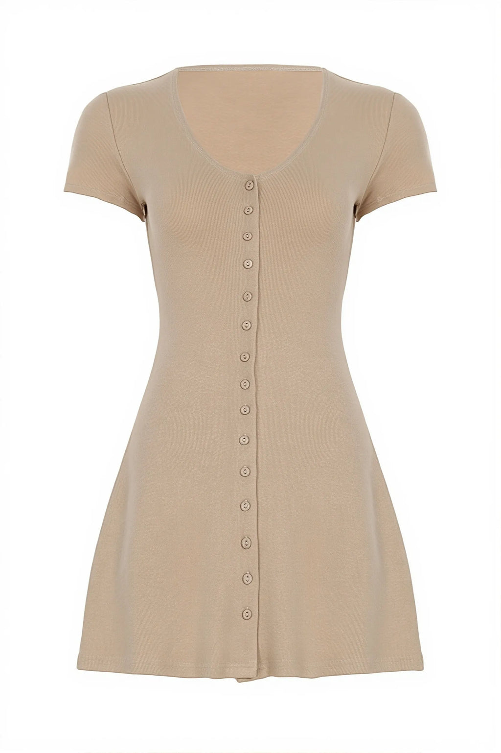 Solid Button Knit V Neck Slim Mini Dress