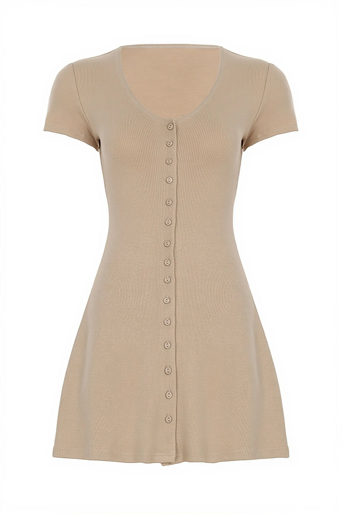 Solid Button Knit V Neck Slim Mini Dress