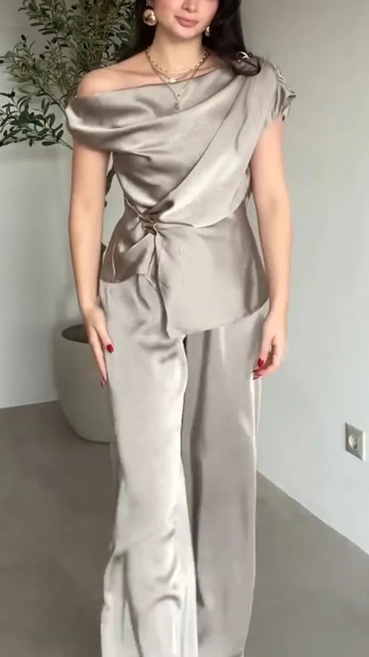 Women Diagonal Collar Pleated Top+ Pants Satin Temperament Casual Suit