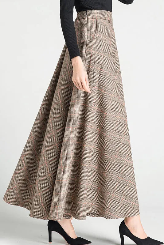 Plaid Wool Maxi Skirt - Swing Silhouette with Belt Loops 3794