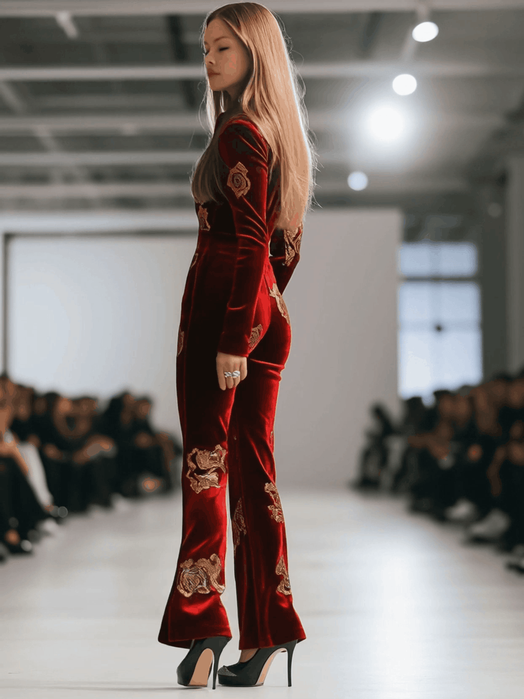 Casual Loose Retro Red Velvet Gold Rose Printed Zipper Long Sleeve Jumpsuit