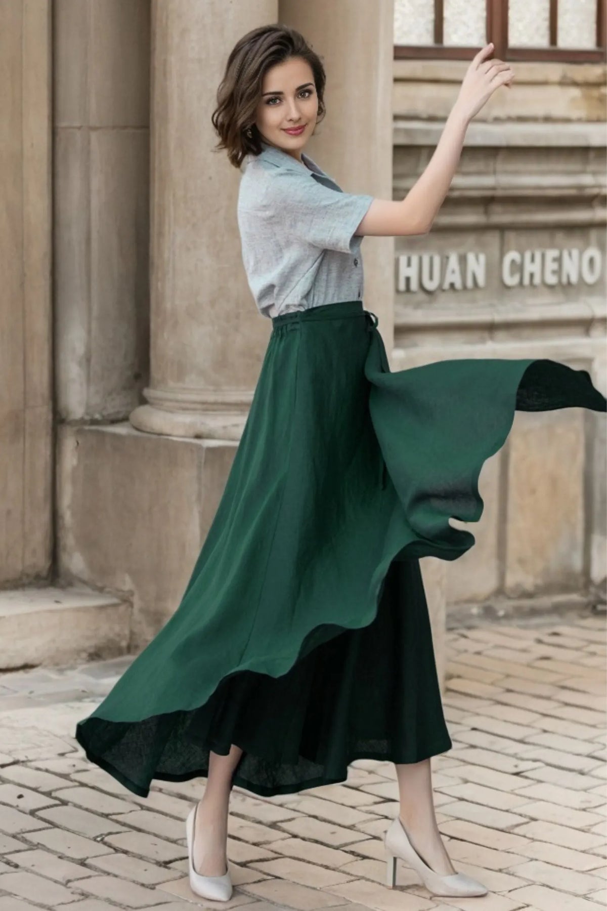 Green Linen Wrap Maxi Skirt - A-Line Flowy Silhouette 5748
