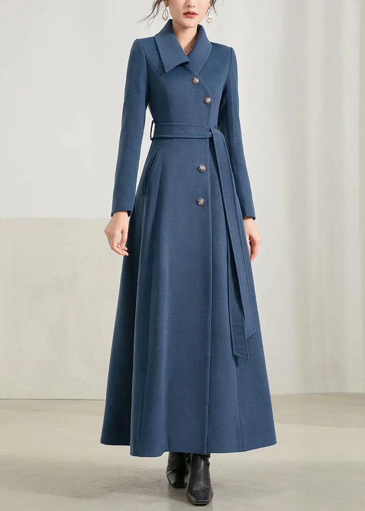 Blue Wool Maxi Coat - Fit and Flare Silhouette with Belt 2949