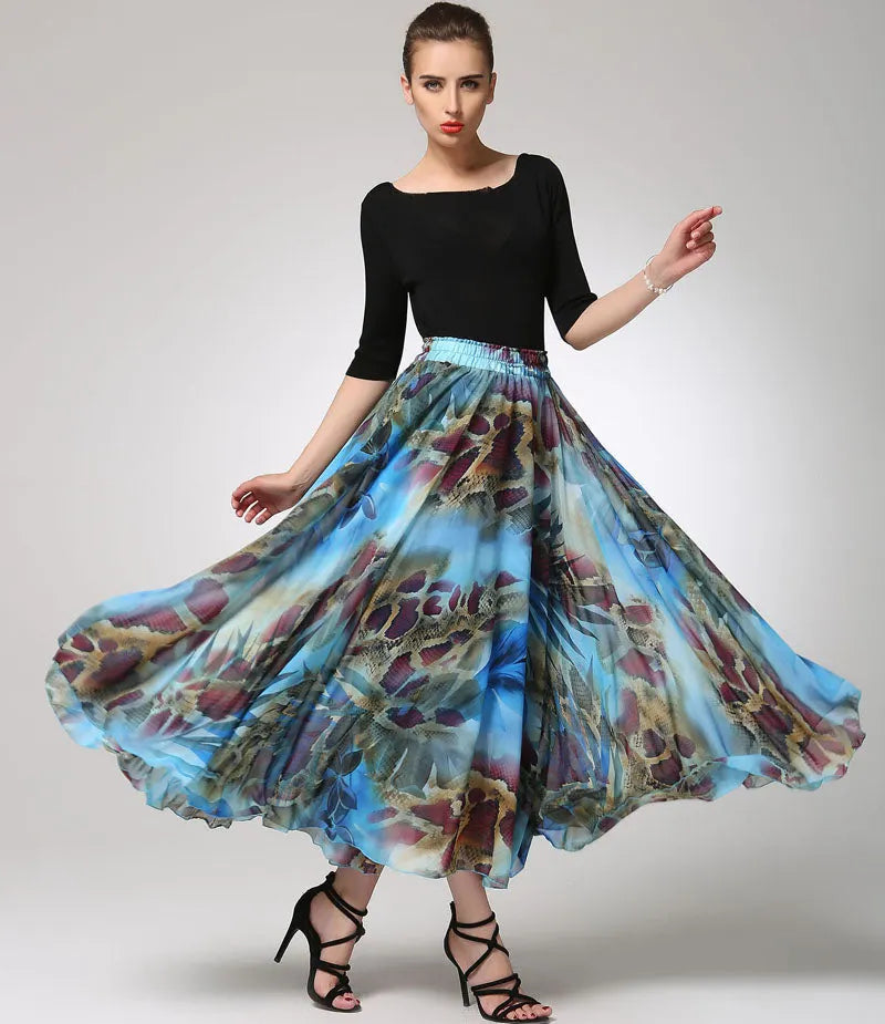Abstract Print Chiffon Maxi Skirt for Women with Elastic Waist 