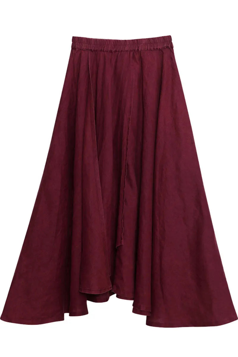 Burgundy Linen Cotton Maxi Skirt - Asymmetrical Soft Flow 4301