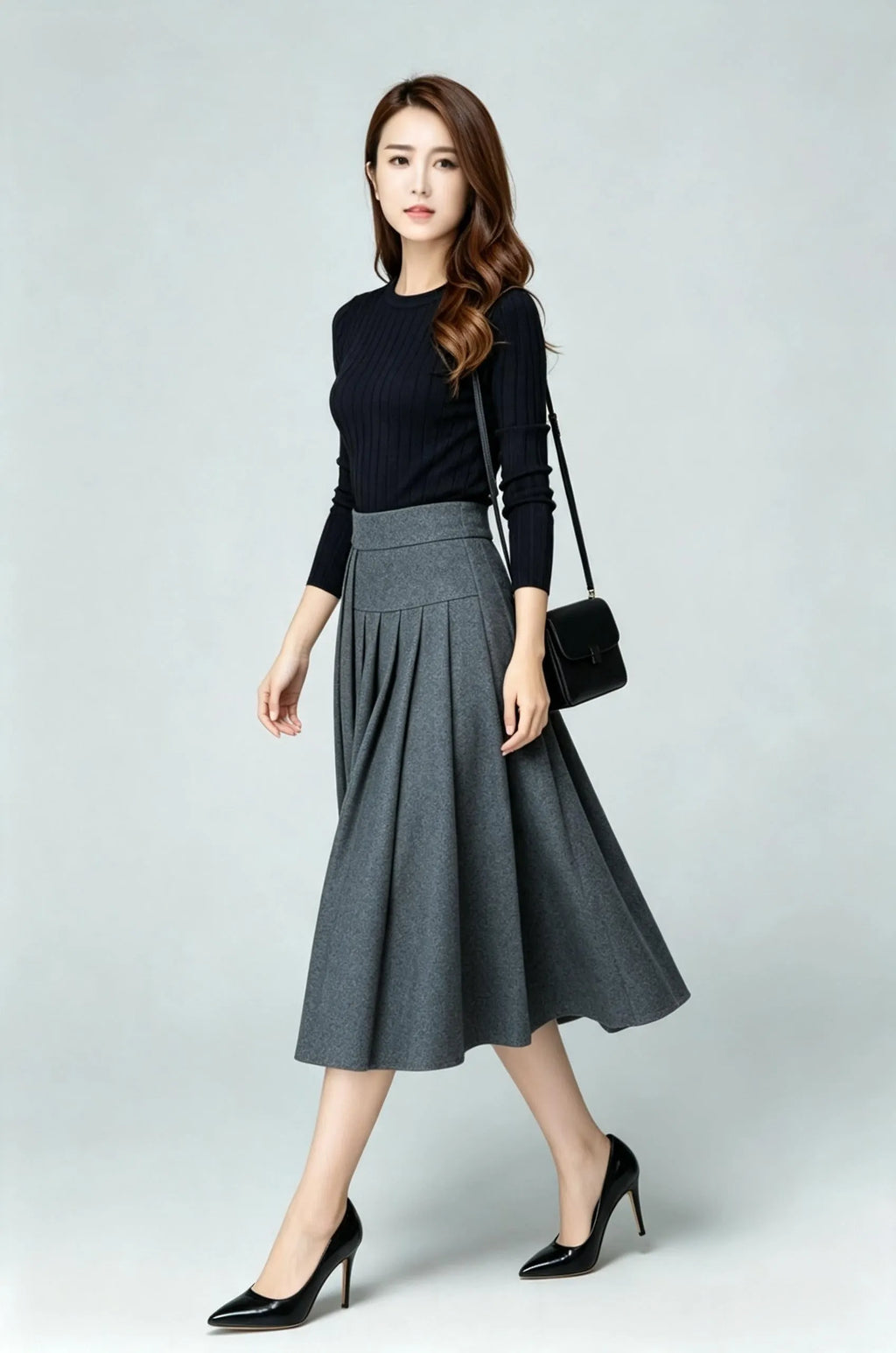 Gray Wool Blend A-Line Midi Skirt - High Waist Pleated Elegance 6926