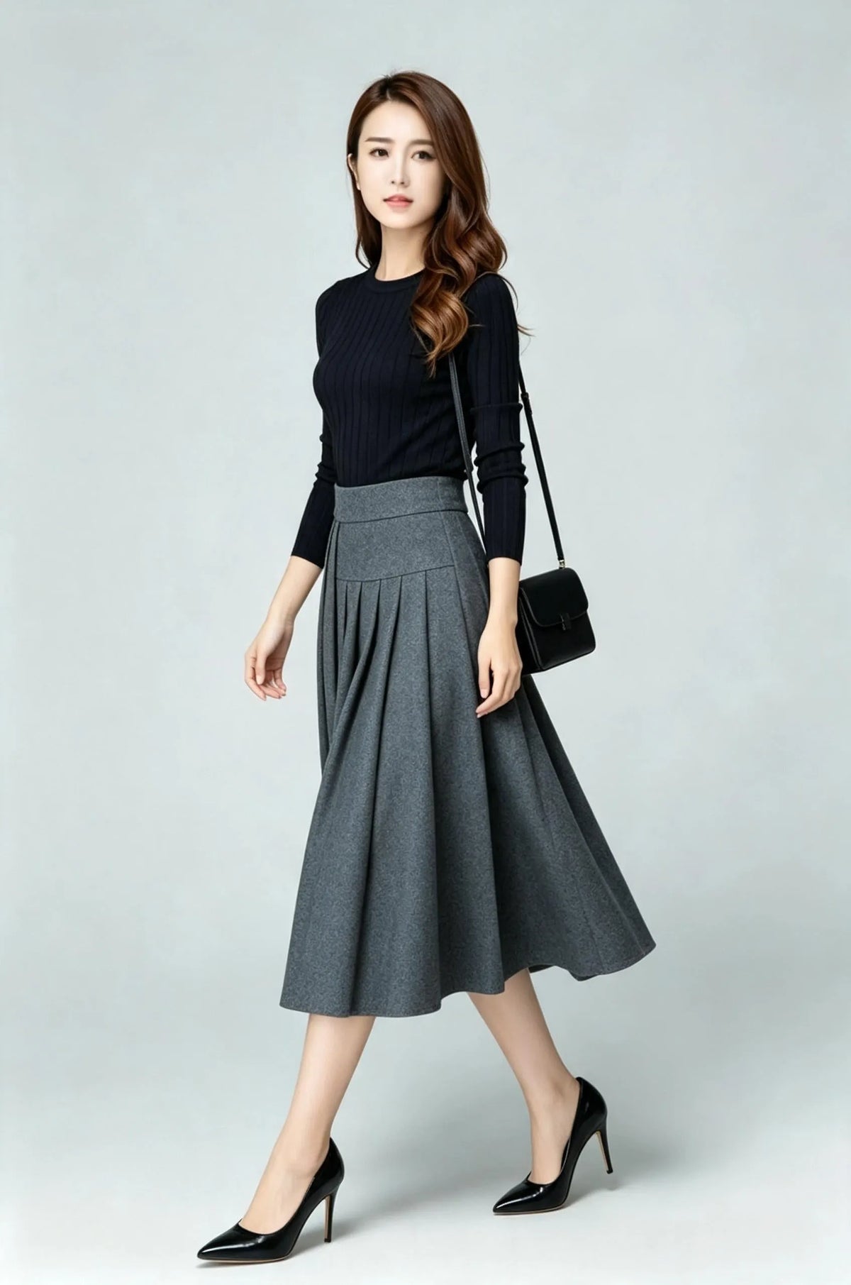 Gray Wool Blend A-Line Midi Skirt - High Waist Pleated Elegance 6926
