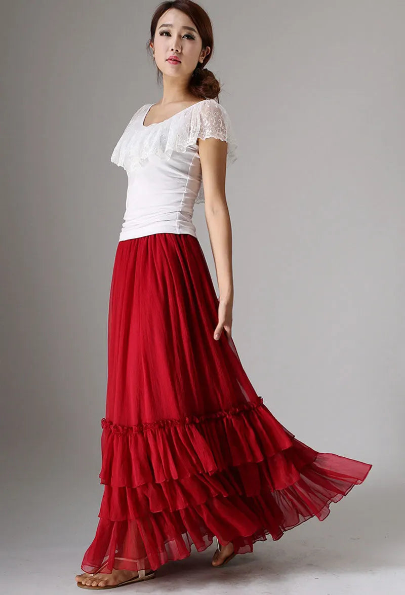 Elegant Handmade Red Chiffon Skirt – Layered Ruffle Maxi for Women 