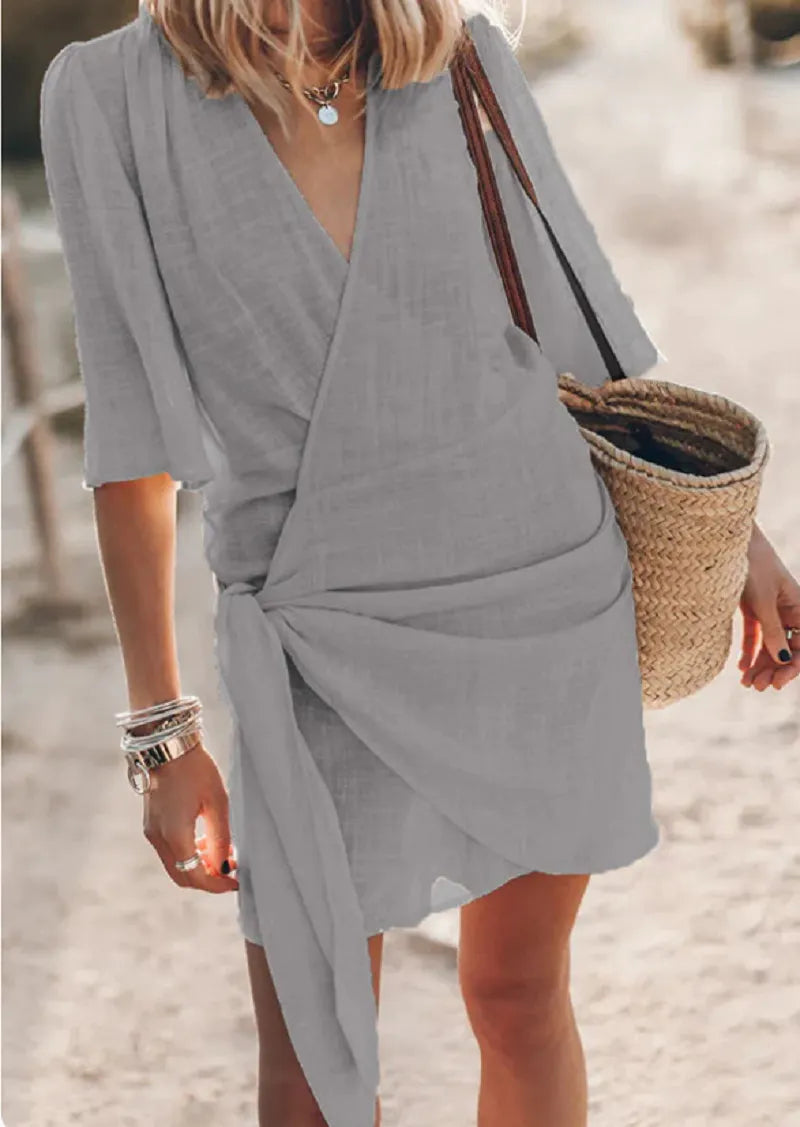 Casual Linen Cross Style V-neck Short-sleeved Dress
