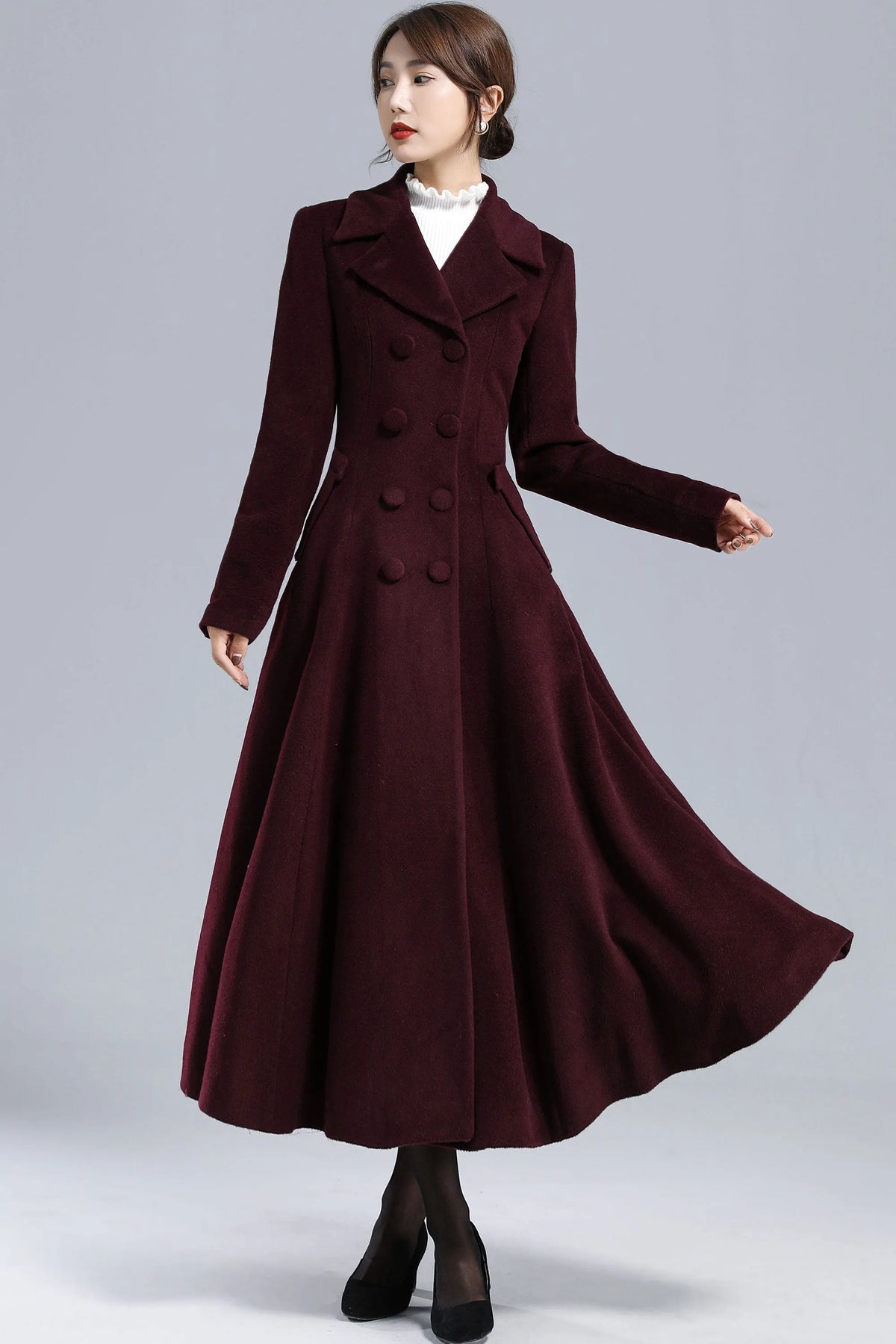 Burgundy Wool Swing Coat – Vintage 1950s Double Breasted Long Overcoat 3239