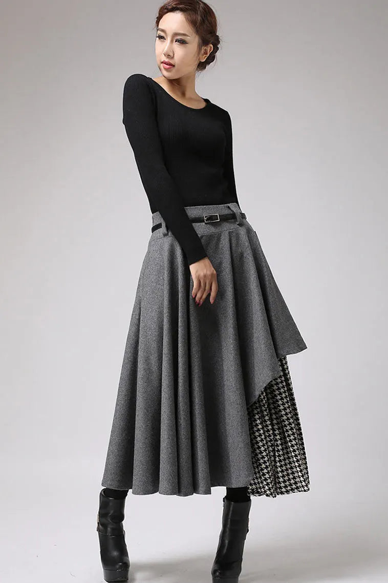 Grey Wool Midi Skirt - Houndstooth Panel & Belted Waist 720
