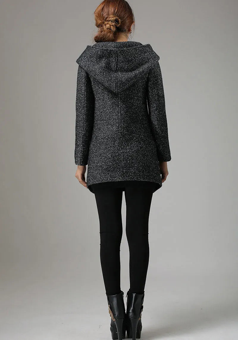Charcoal Black Biker Wool Coat – Cowl Neck Hooded Winter Jacket 