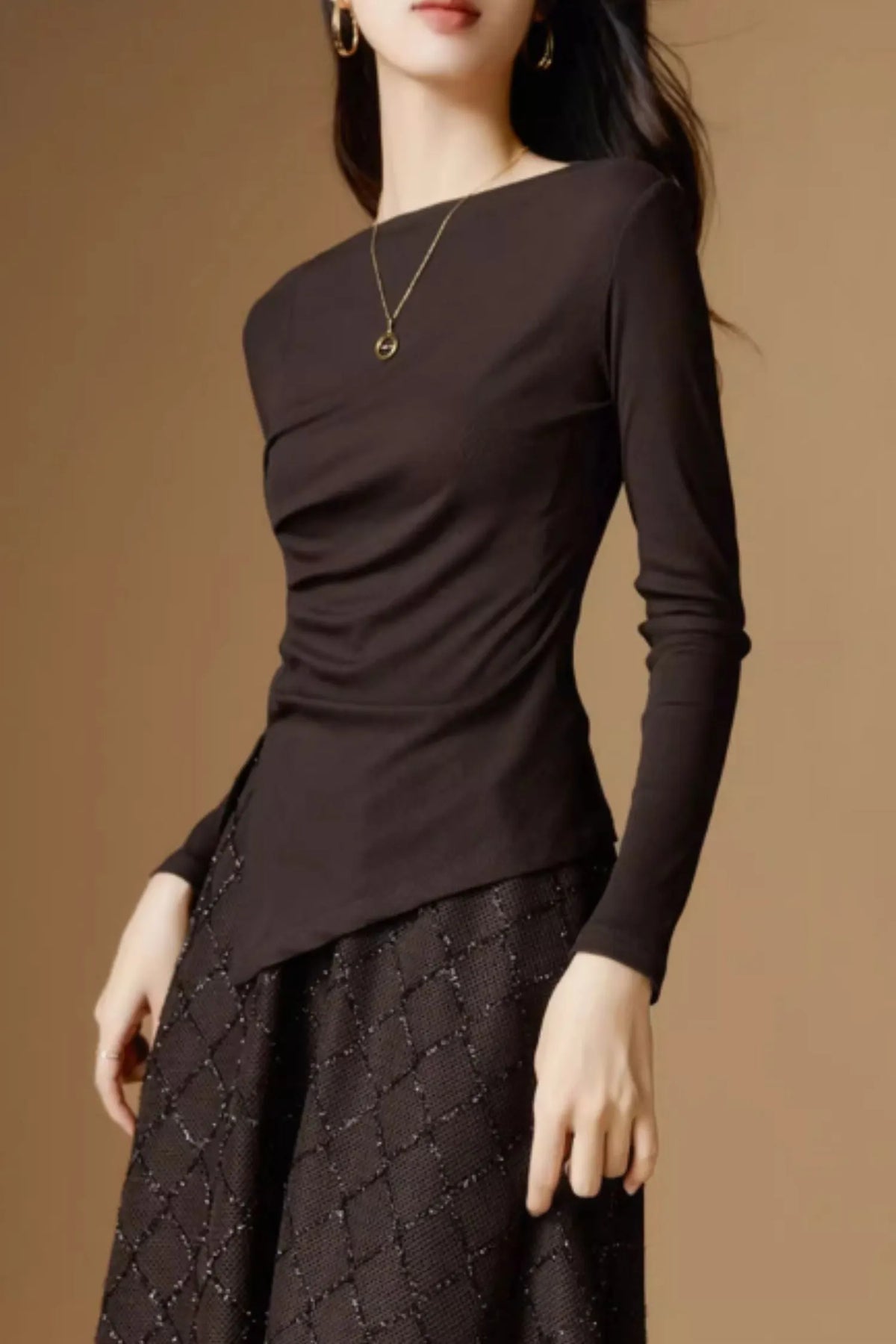 Forest Green Wool Blend Asymmetrical Knit Top - Long Sleeve Autumn Essential 5525