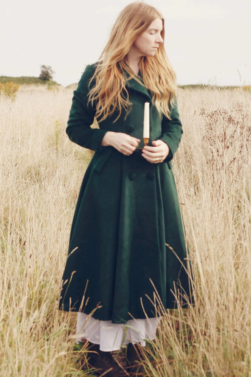 Green Wool Maxi Coat - Double Breasted Flare Silhouette 3185