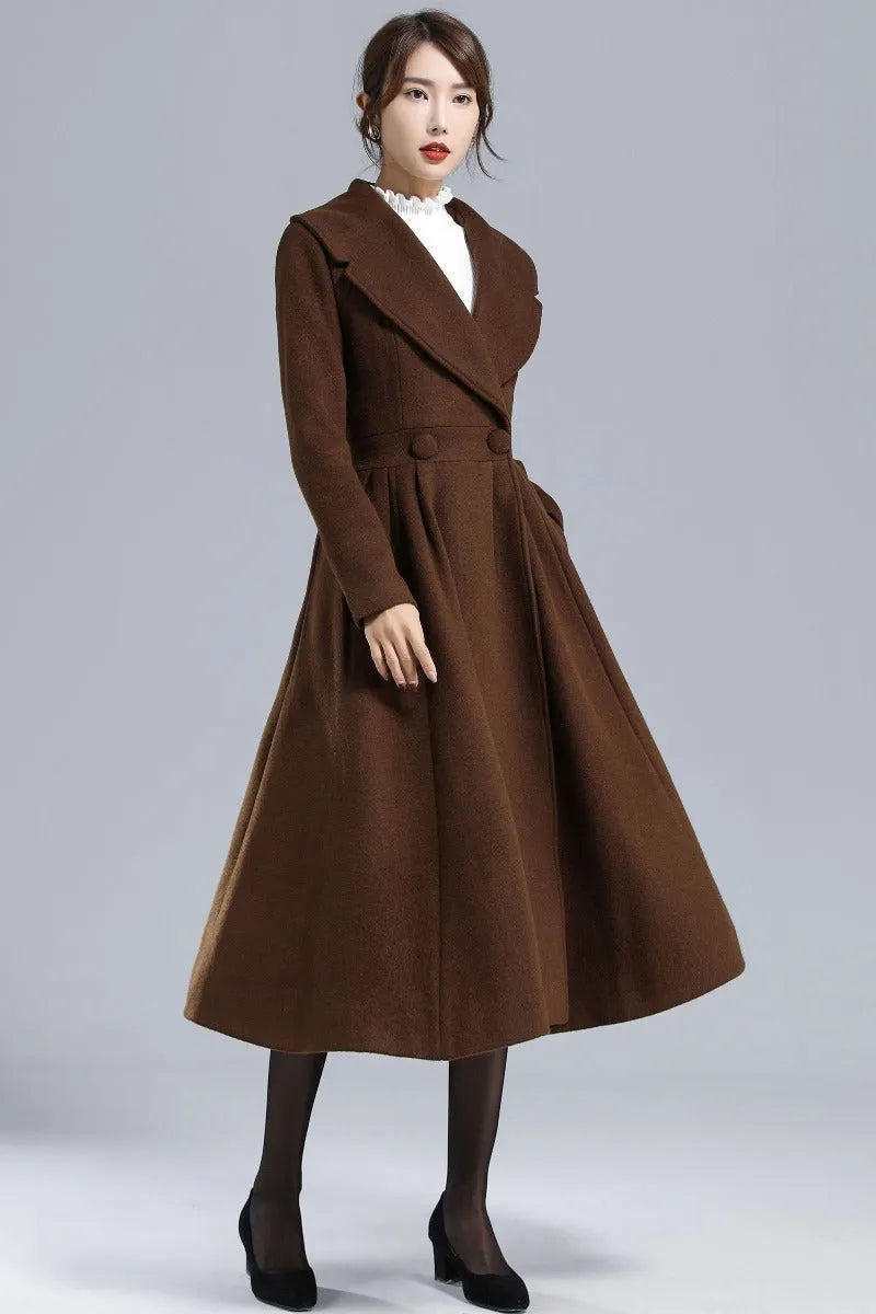 Vintage Princess Wool Coat – Handmade Brown Pleated Long Overcoat 