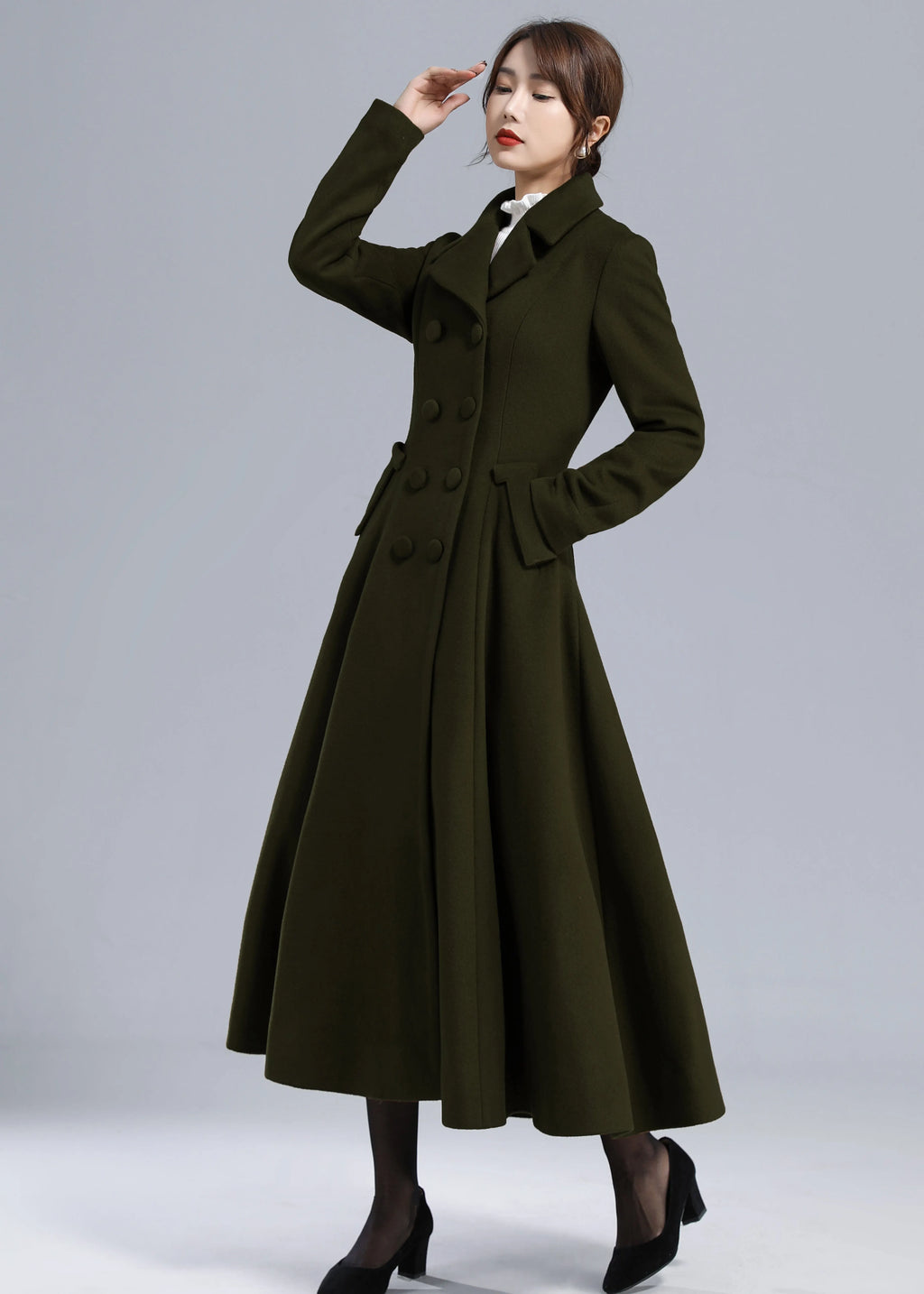 Forest Green Wool Maxi Coat – Vintage Fit and Flare Double Breasted Overcoat 5497