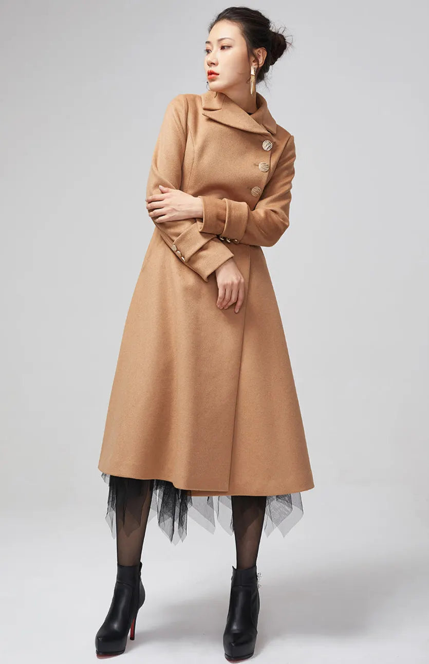 Camel Wool Blend Coat – Handmade Vintage Belted Winter Elegance 2204