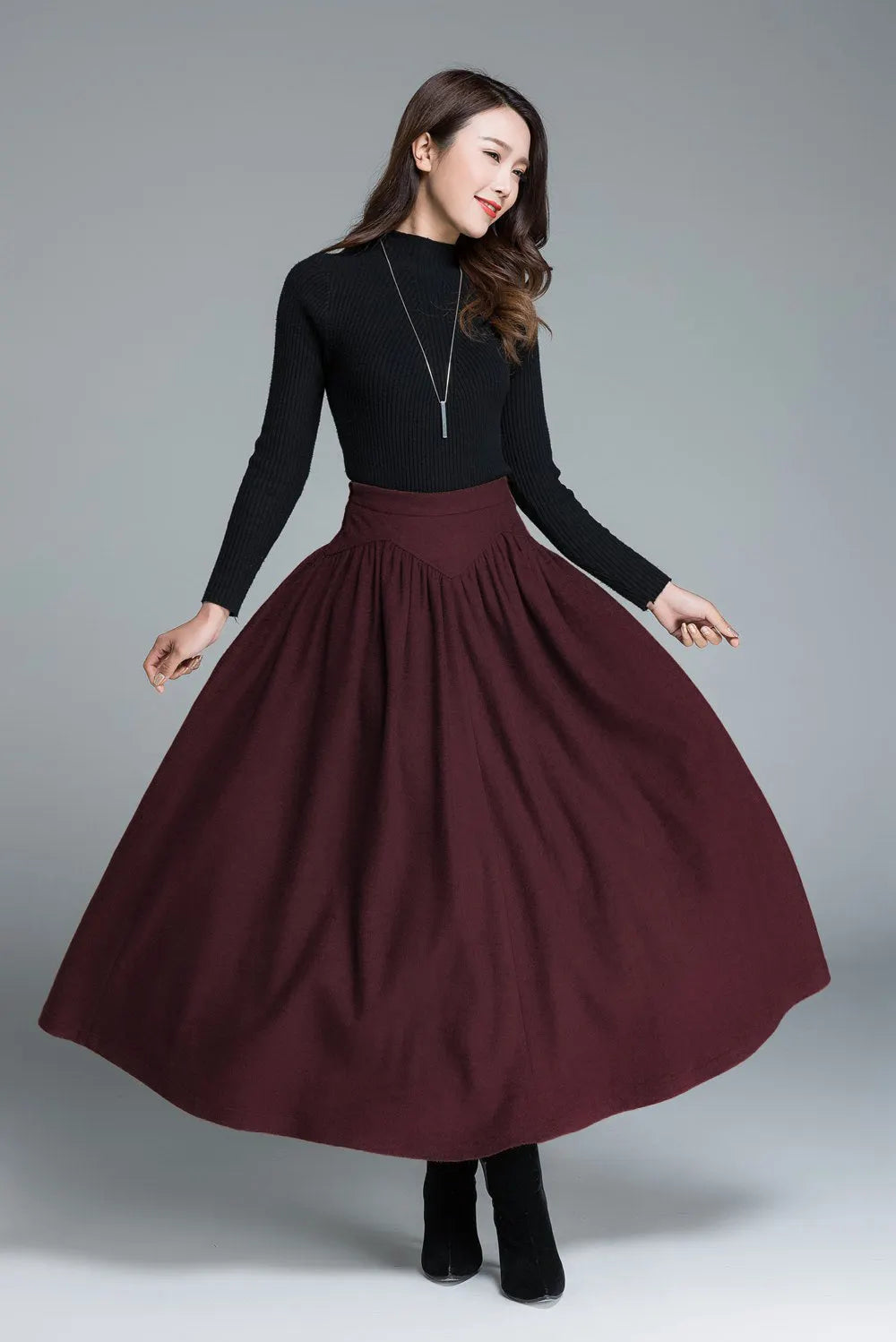 Burgundy Wool Maxi Skirt – Vintage High Waist Flared Winter Skirt 6319
