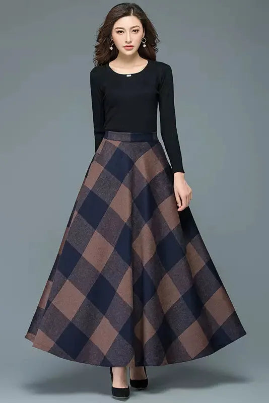 Plaid Wool Long Skirt - Full Flowy A-Line Silhouette 3947