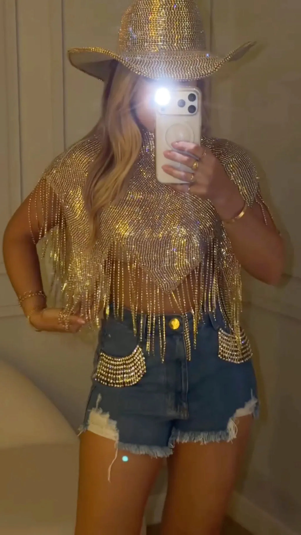 Gold Rhinestone Fringe Top & Ripped Denim Shorts Two‐Piece Set