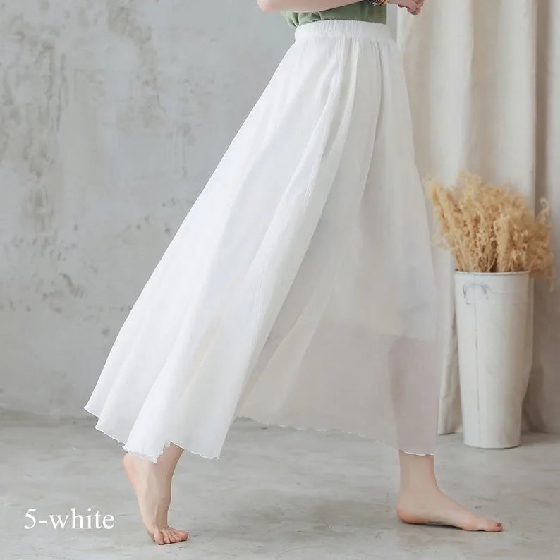 Boho Linen Maxi Skirt, Pleated Elastic Waist 