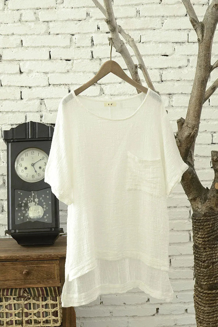 Linen Tunic Top - Round Neck Half Sleeve Longline 