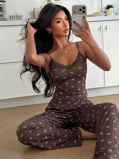 Pink Bow Lace Patchwork Cami Pajama Set
