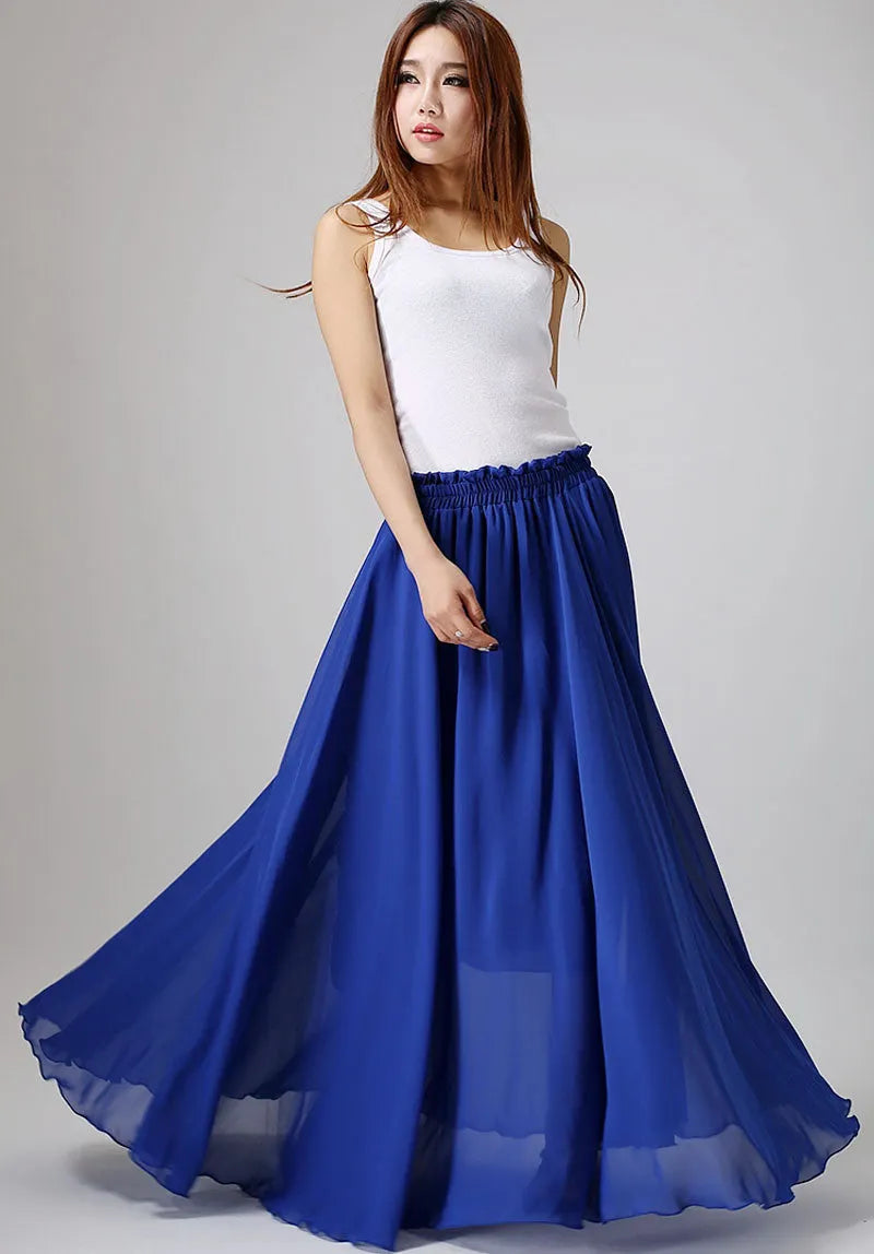 Navy Chiffon Maxi Skirt - Flowing Ruffle Waist 861