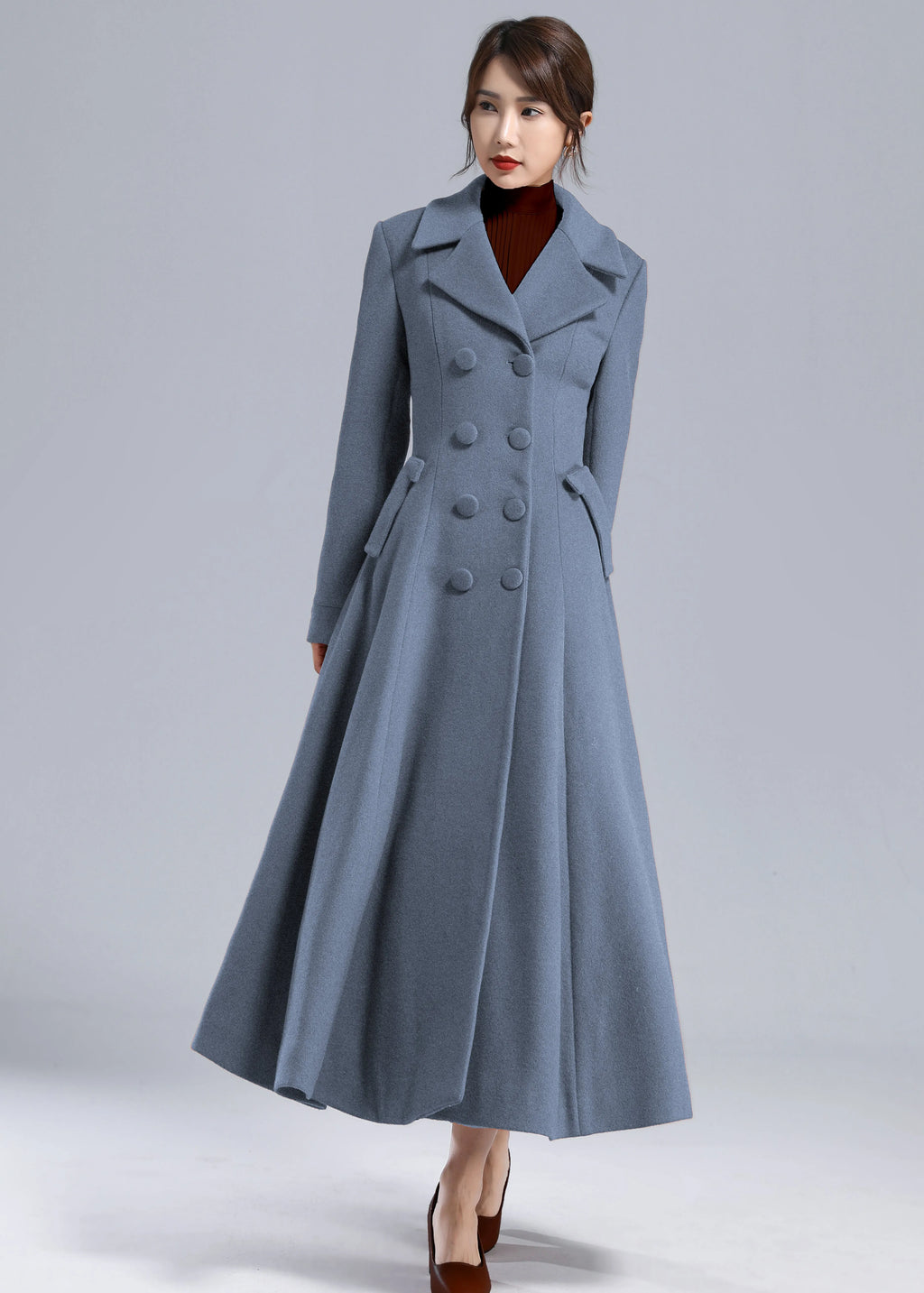 Blue Wool Long Coat - Fit and Flare Double Breasted 5496