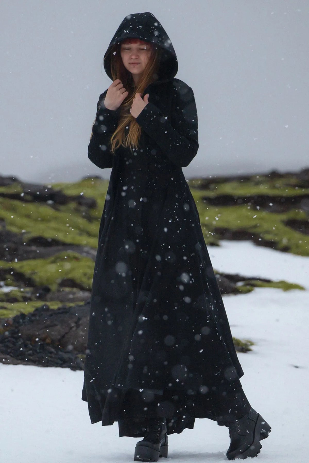 Handmade Black Wool Coat – Hooded Fit & Flare Maxi Winter Overcoat 