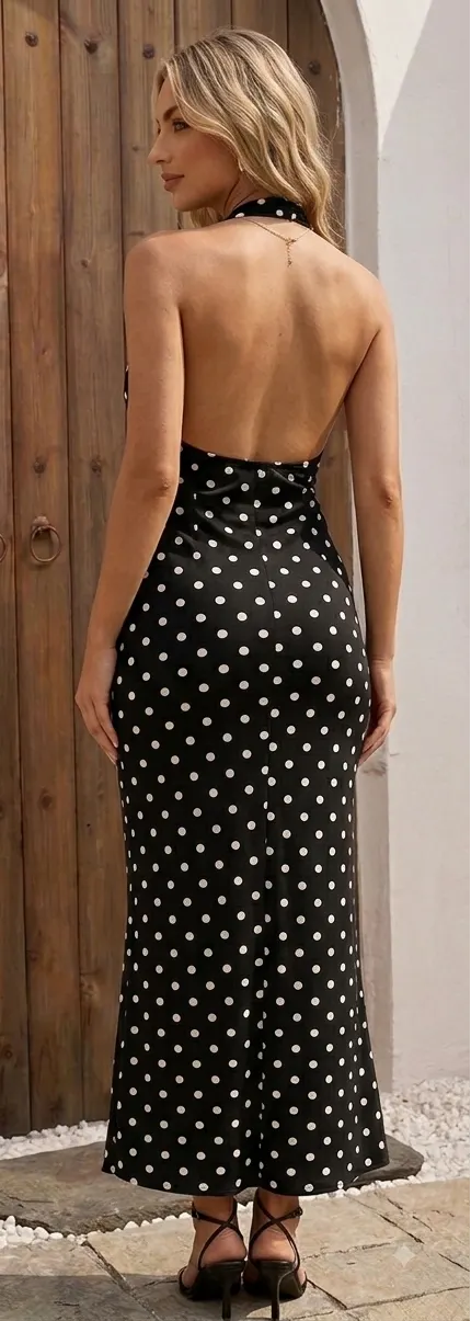 Halter Neck Backless Polka Dot Maxi Dress