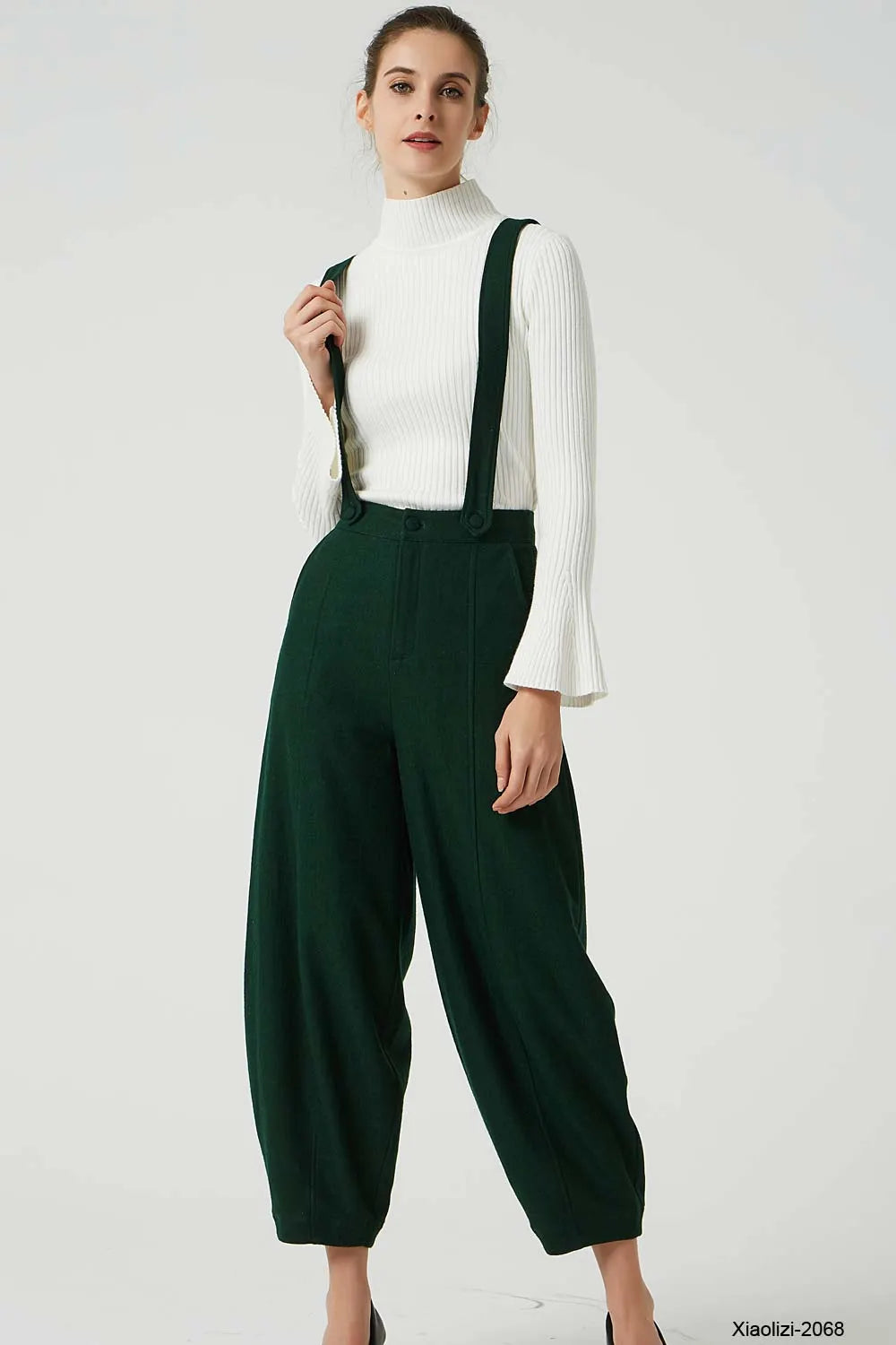 Army Green Wool Suspender Pants - Loose Fit with Pockets 2068