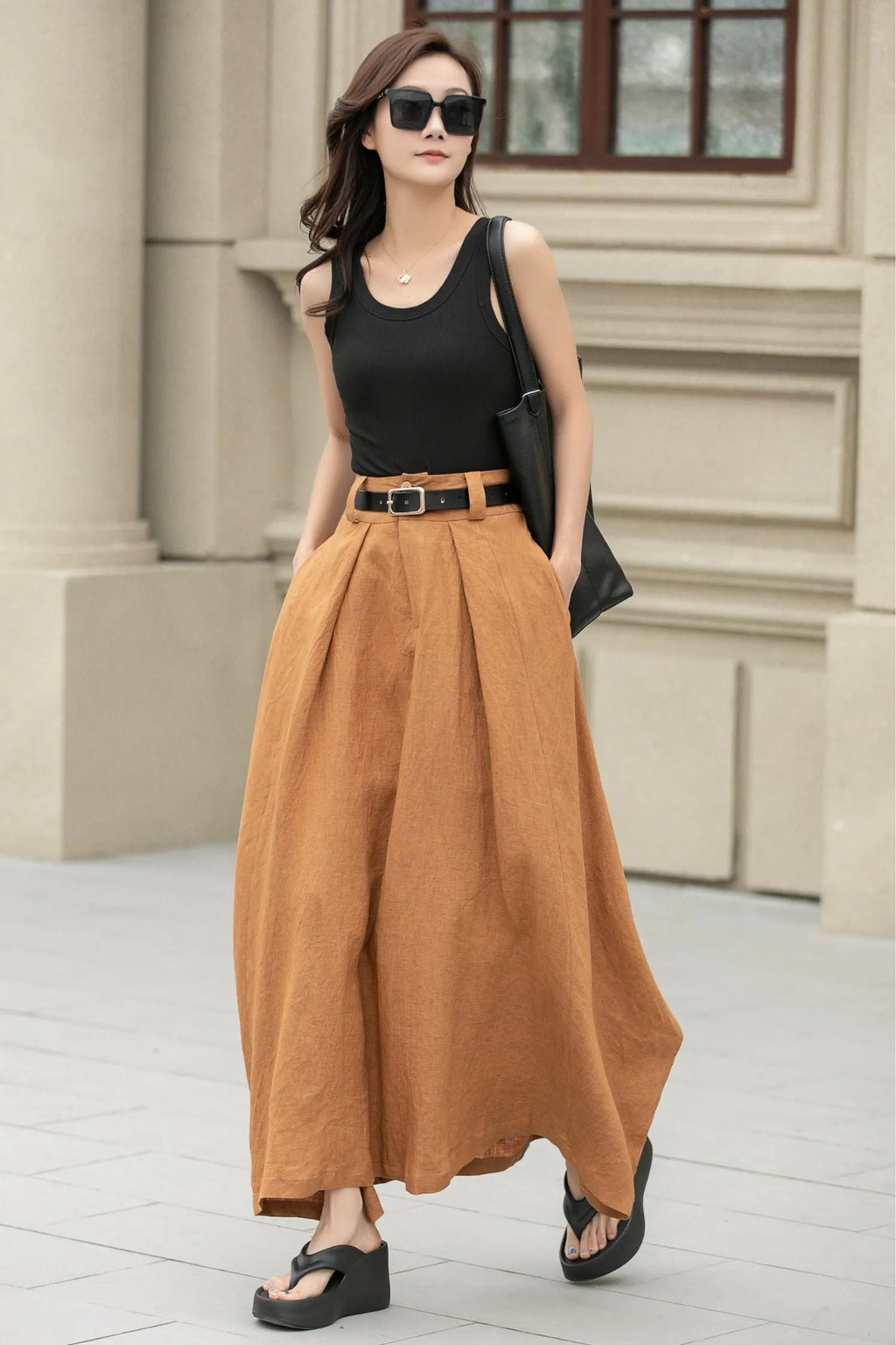 Camel Linen Skirt – Handmade High Waist Long Summer Skirt 