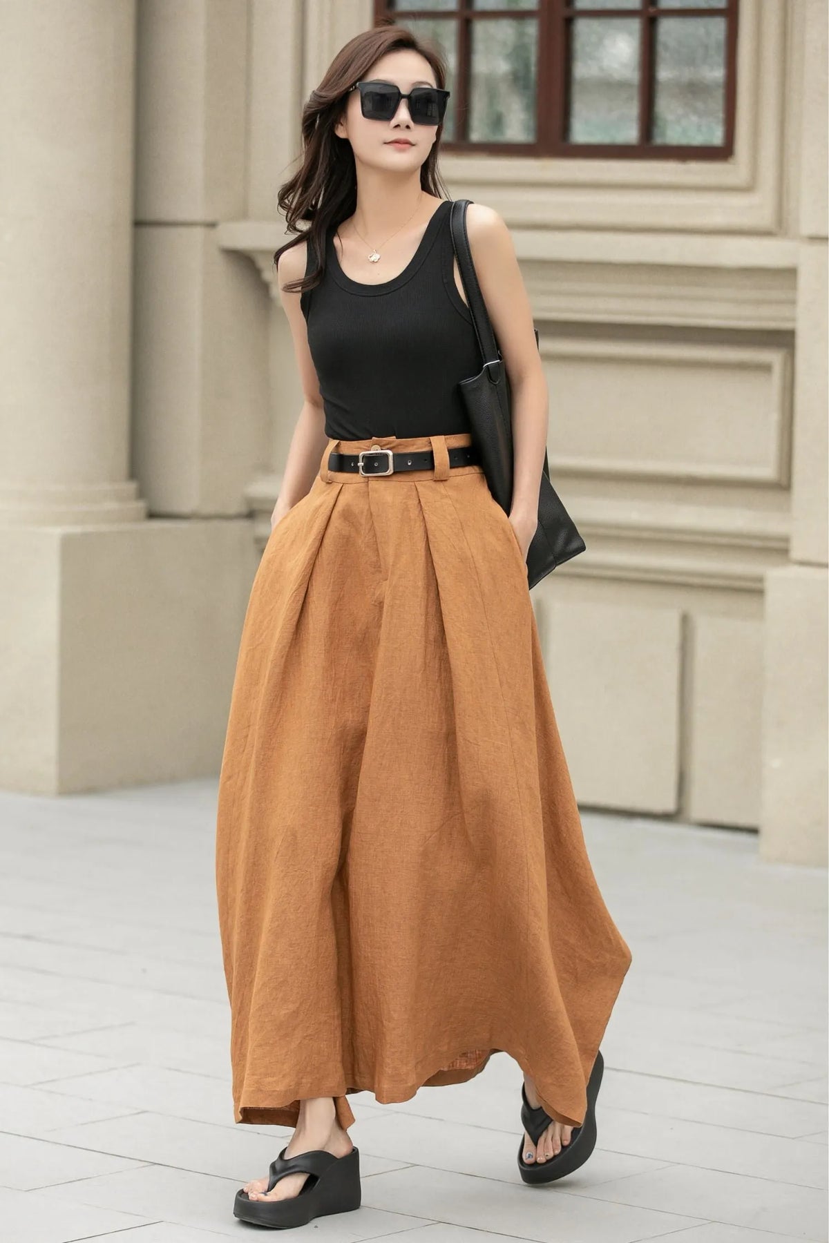 Camel Linen Skirt – Handmade High Waist Long Summer Skirt 